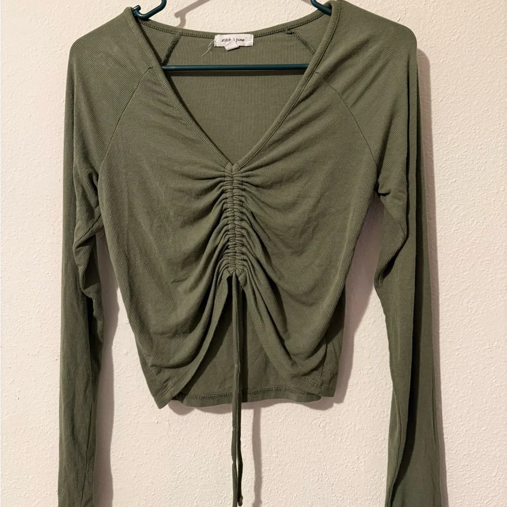 Olive Green Long Sleeve Ruched Top - Size Small